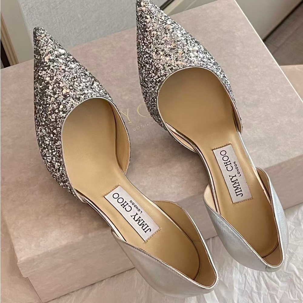 Jimmy Choo Silver Glitter Flats